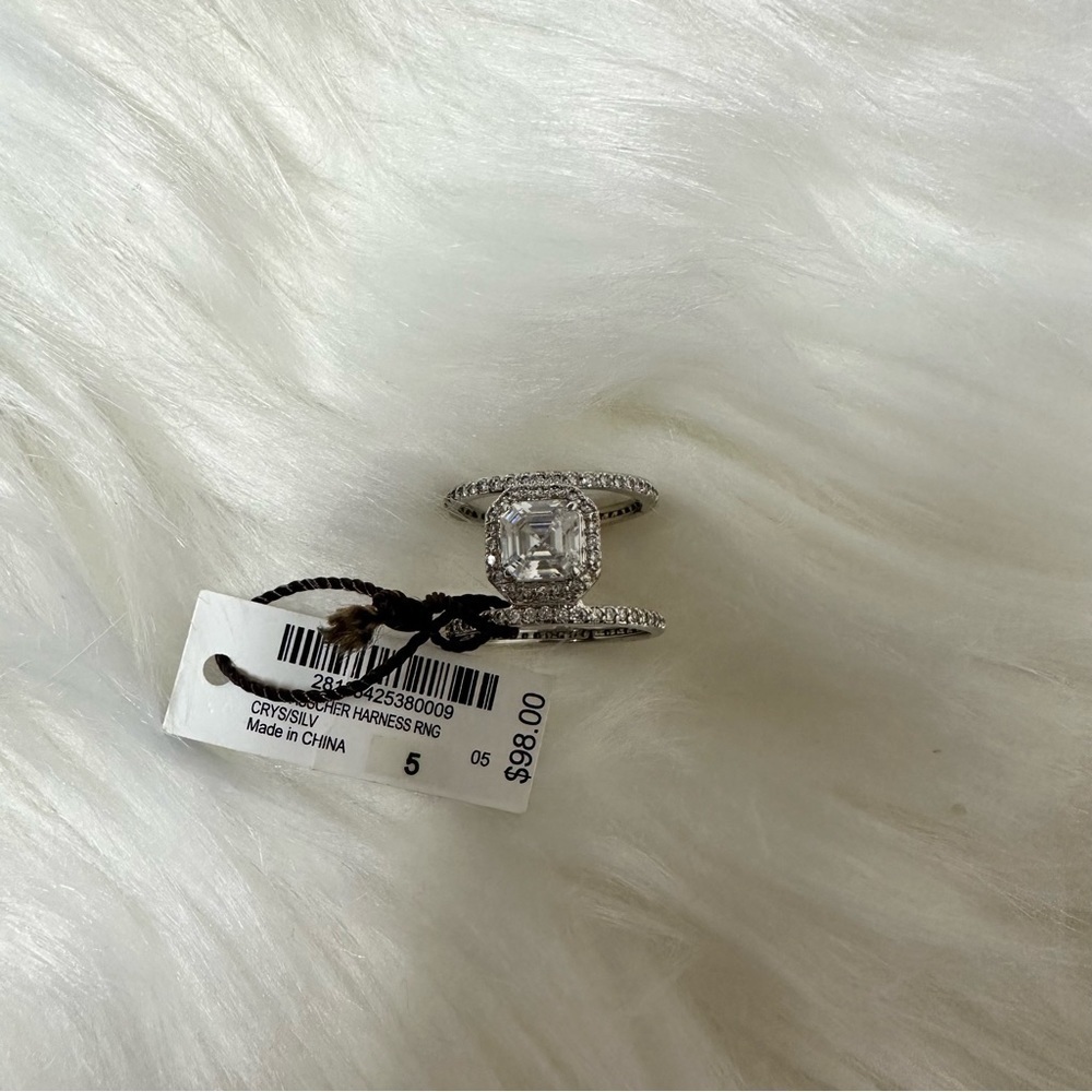 NWT Henri Bendel Luxe Asscher Cut Pave Silver Tone Harness Ring Size 5 - Picture 3 of 4